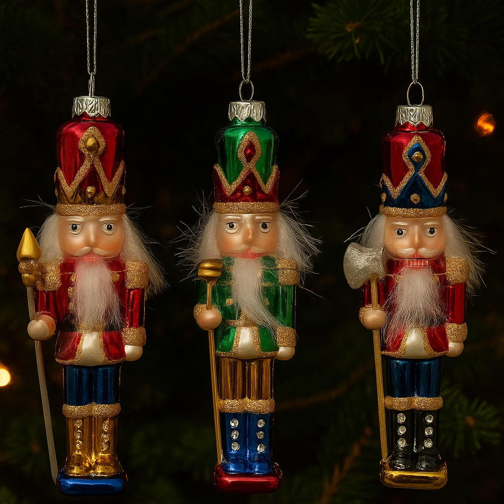 Kurt Adler 6.75" Glass Nutcracker Ornament – Red, Green, or Red/Navy with Axe (Sold Separately)