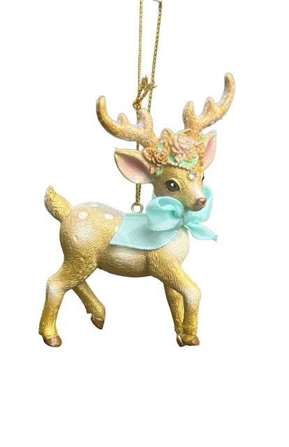 Kurt Adler 4" Gold and Aqua Deer Ornament Set – Elegant Resin Reindeer Christmas Decorations (Set of 2)