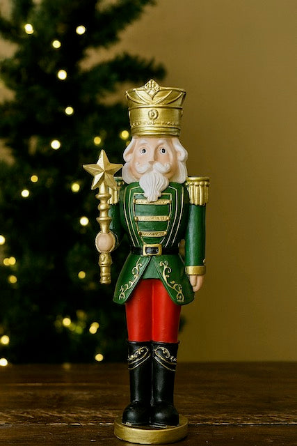 8-Inch Green and Red Nutcracker King with Gold Crown and Star Staff Christmas Figurine 97274