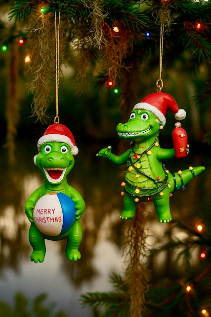 Kurt Adler 3.5" Alligator Christmas Ornament – Santa Hat with Lights or Beach Ball (Sold Separately)