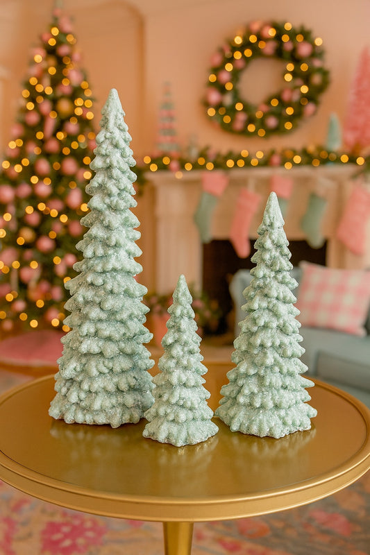 Melrose Frosted Seafoam Christmas Trees – Set of 3 (11", 9", 6") Holiday Decor