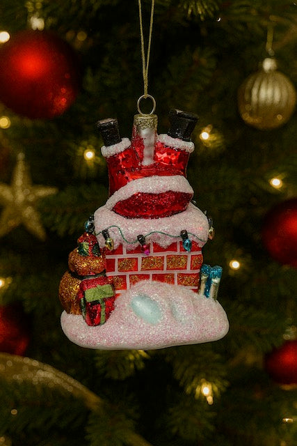 Glass Santa Stuck in Chimney Christmas Ornament with Presents and Lights 98011