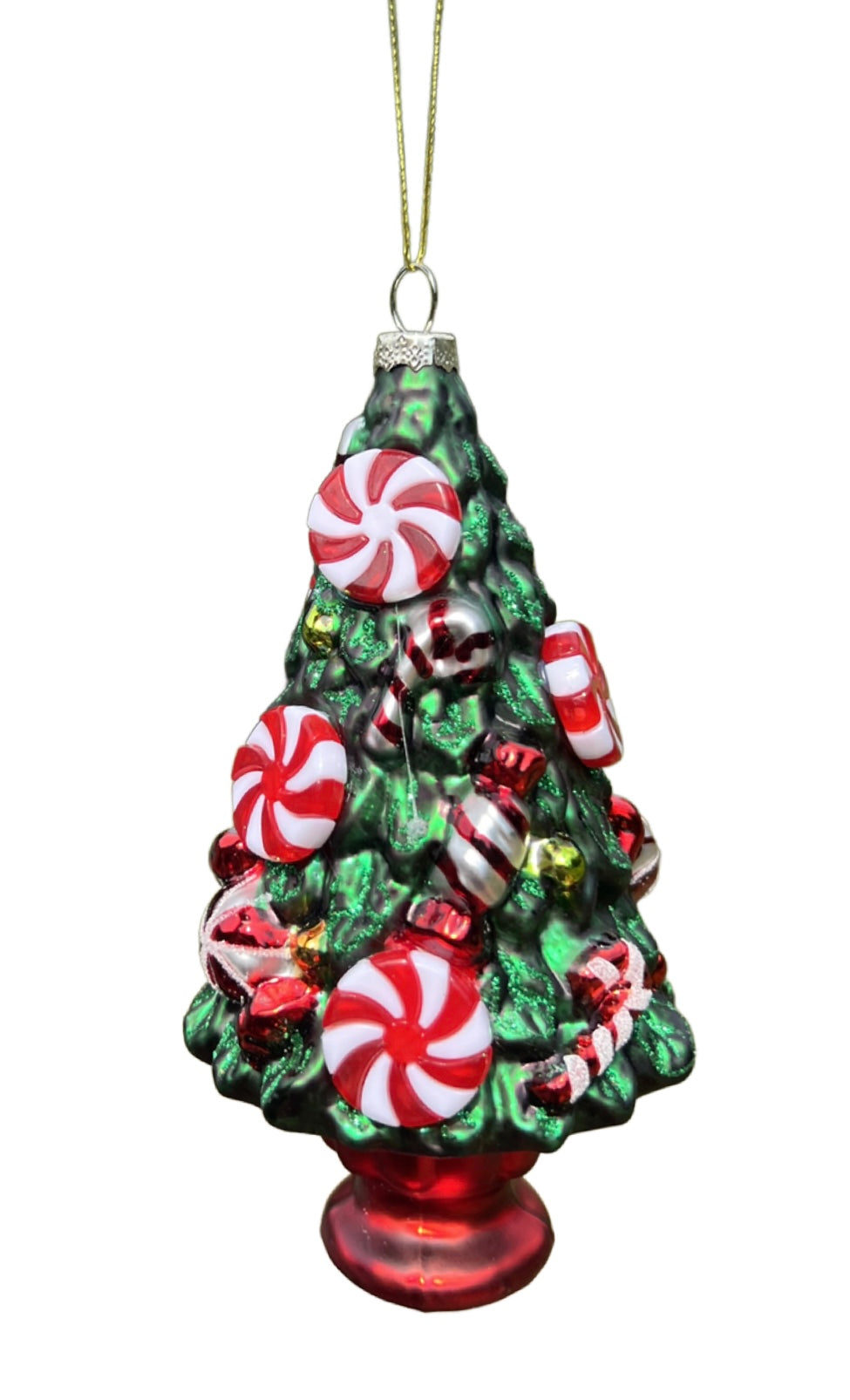 Glass Christmas Tree Ornament with Peppermint Candy and Candy Canes
