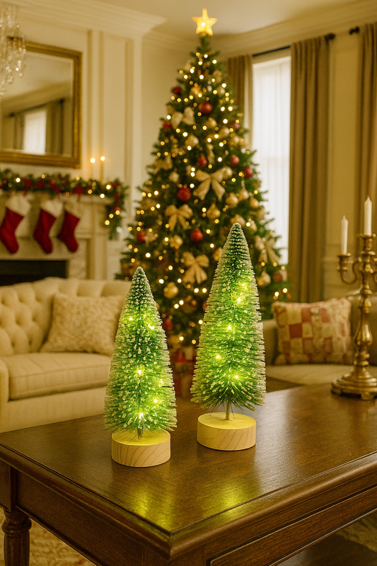 Light Up Bottle Brush Christmas Trees with Wood Base – Holiday Tabletop Décor