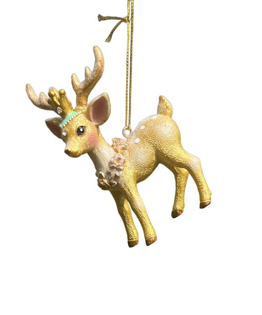 Kurt Adler 4" Gold and Aqua Deer Ornament Set – Elegant Resin Reindeer Christmas Decorations (Set of 2)