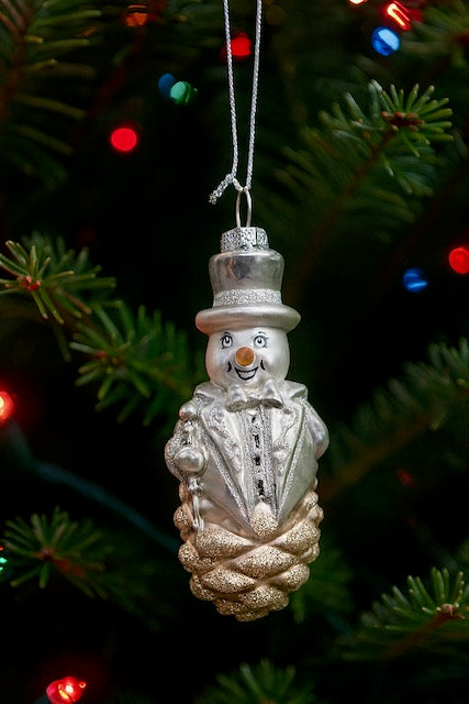Kurt Adler Silver Snowman Christmas Ornament – Pinecone Base with Top Hat and Cane – Elegant 4" Holiday Tree Decoration D4513