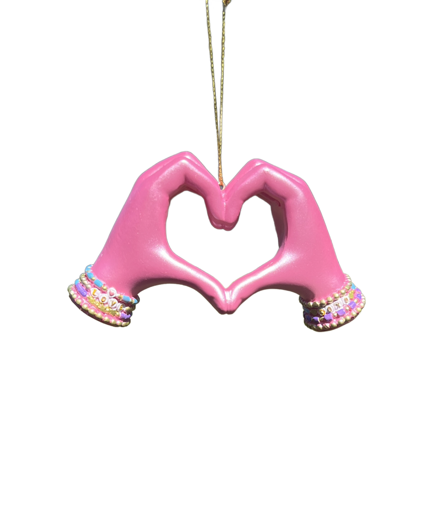 Kurt Adler 5" Pink Hand Heart Ornament – Love Gesture with Beaded Bracelets T3727