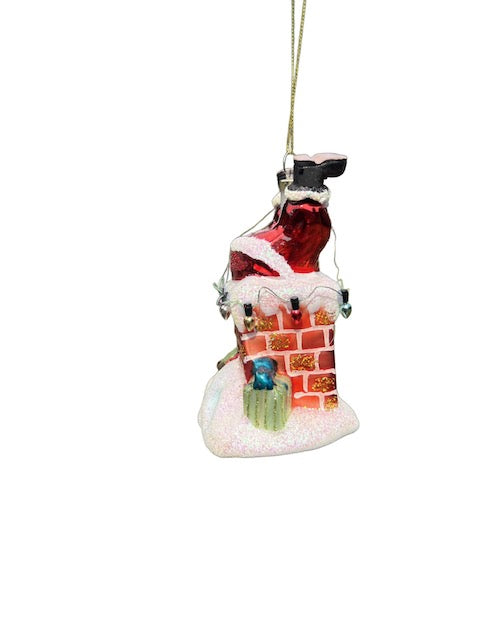 Glass Santa Stuck in Chimney Christmas Ornament with Presents and Lights 98011