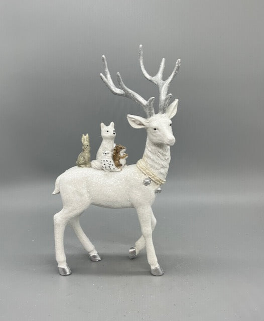 White Christmas Reindeer Figurine with Woodland Animals – Holiday Tabletop Decor (Sold Seperately)