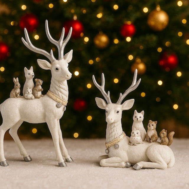White Christmas Reindeer Figurine with Woodland Animals – Holiday Tabletop Decor (Sold Seperately)
