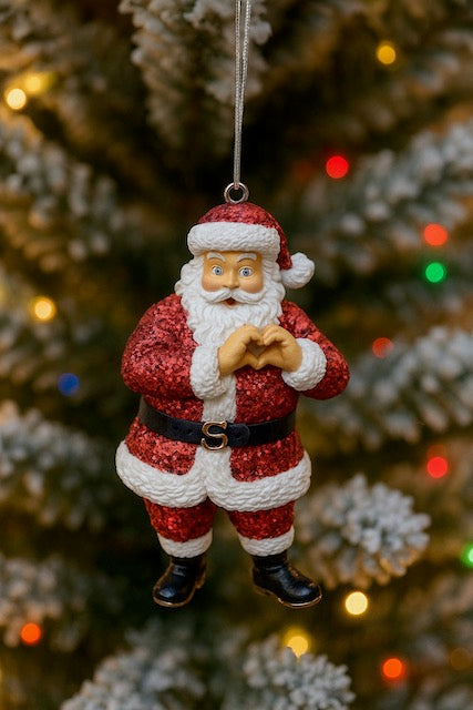 Kurt Adler Santa Ornament – Glitter Red Suit with Heart Hands T3722
