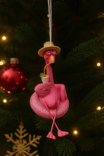 Kurt Adler 5.5" Flamingo Christmas Ornament with Sun Hat and Tropical Drink T3850