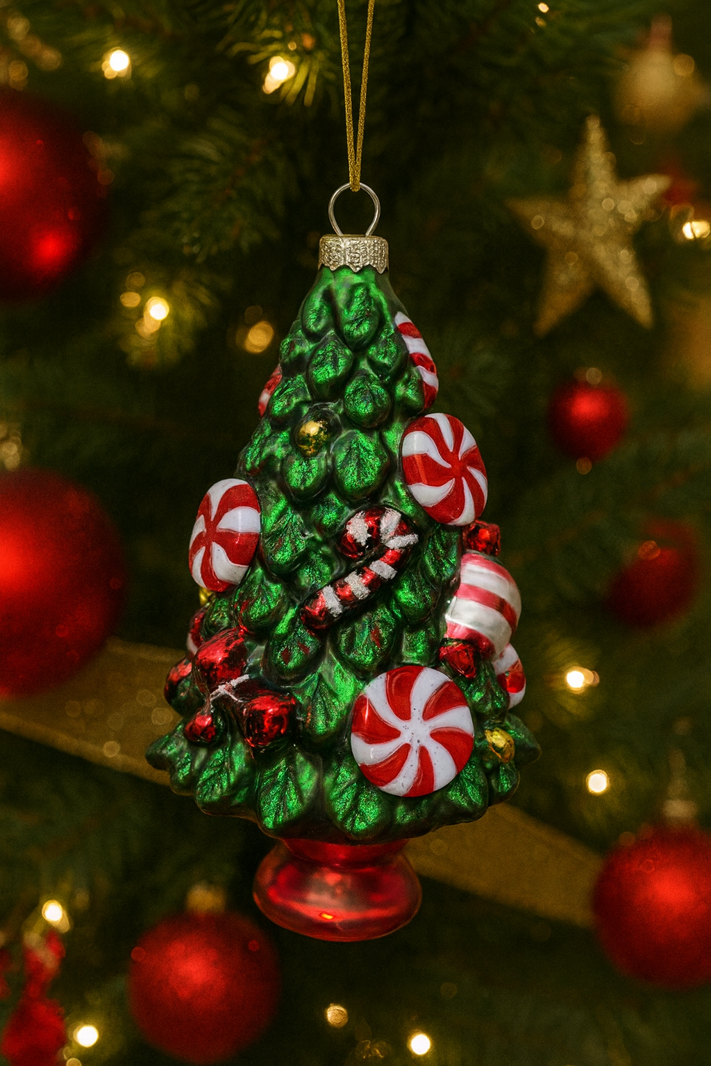 Glass Christmas Tree Ornament with Peppermint Candy and Candy Canes