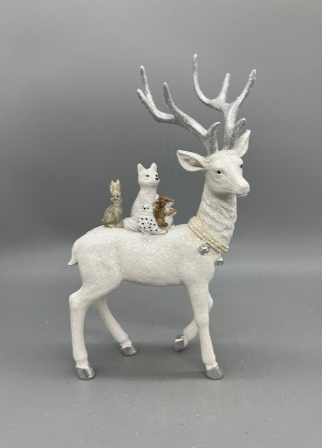 White Christmas Reindeer Figurine with Woodland Animals – Holiday Tabletop Decor (Sold Seperately)