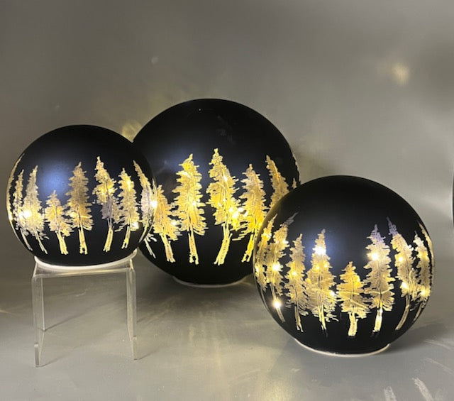Set of 3 Midnight Blue Glass Light-Up Forest Scene Orbs with Timer