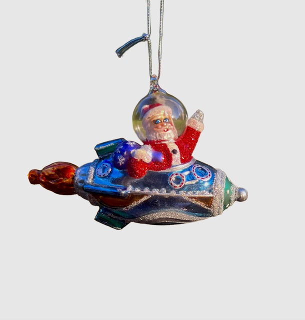 Kurt Adler Noble Gems Santa In Rocketship Glass Ornament NB1784
