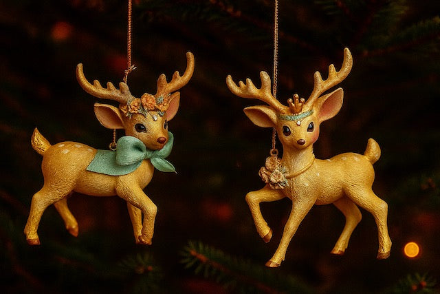 Kurt Adler 4" Gold and Aqua Deer Ornament Set – Elegant Resin Reindeer Christmas Decorations (Set of 2)