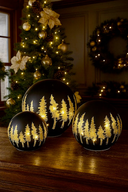 Set of 3 Midnight Blue Glass Light-Up Forest Scene Orbs with Timer