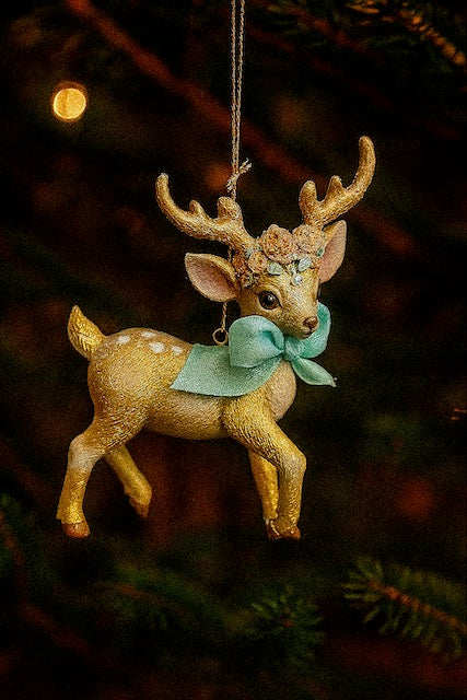 Kurt Adler 4" Gold and Aqua Deer Ornament Set – Elegant Resin Reindeer Christmas Decorations (Set of 2)