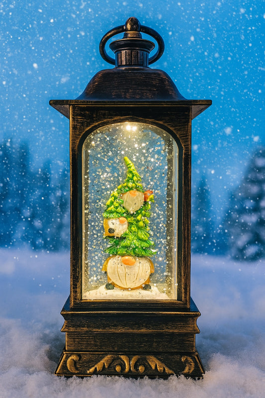 10.75 Bronze LED Lighted Gnome Stack Christmas Snow Globe Lantern