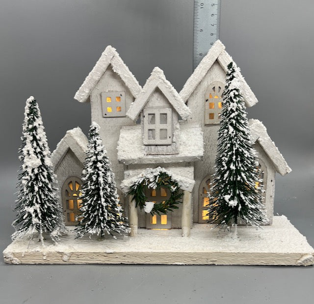 Light Up White Christmas House with Wreath and Snowy Trees – Holiday Tabletop Decor