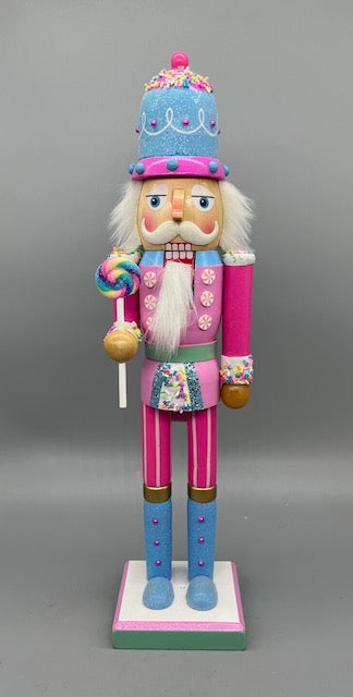Kurt Adler 15-Inch Candyland Nutcracker with Lollipop – Pink and Blue Holiday Decoration F2280