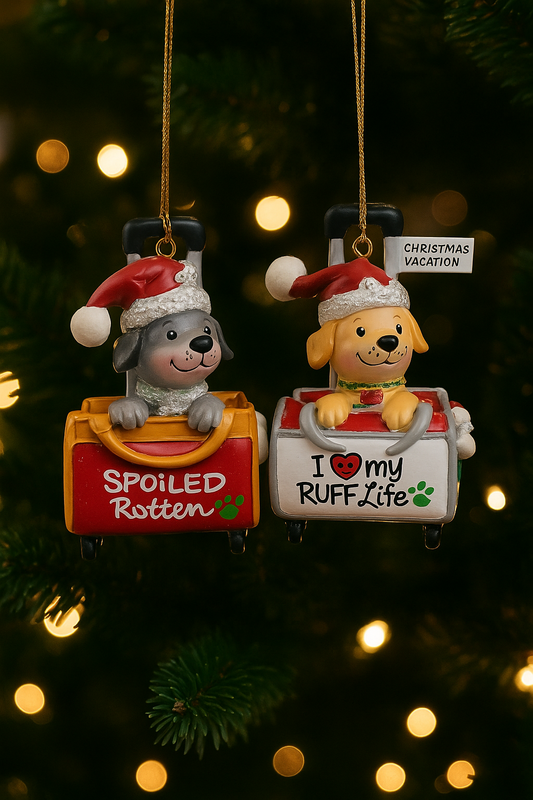 Kurt Adler 3.5" Dog Suitcase Ornaments – Spoiled Rotten & Ruff Life Christmas Travel Decor F4492