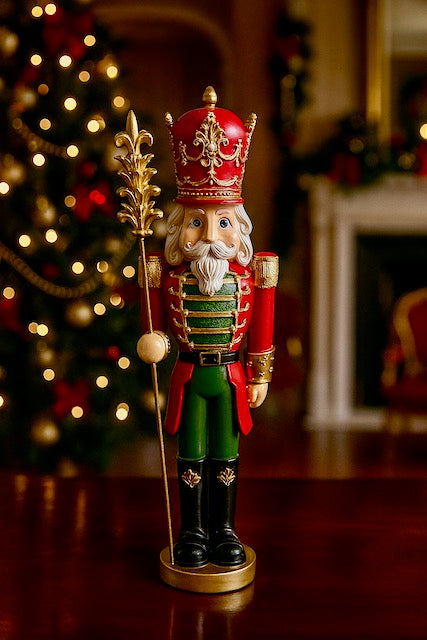 Red, Green and Gold 15.5" Nutcracker Soldier King with Staff Christmas Figurine  97273