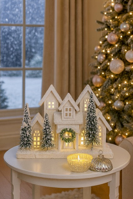 Light Up White Christmas House with Wreath and Snowy Trees – Holiday Tabletop Decor
