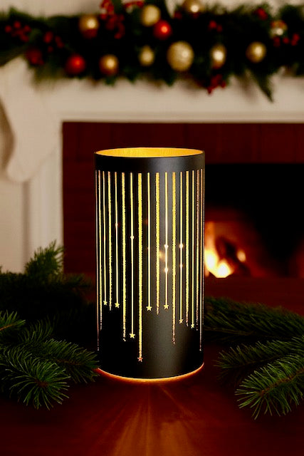 Midnight Blue Glass Cylinder Candle Holder – Starry Night Cutout Design 8"