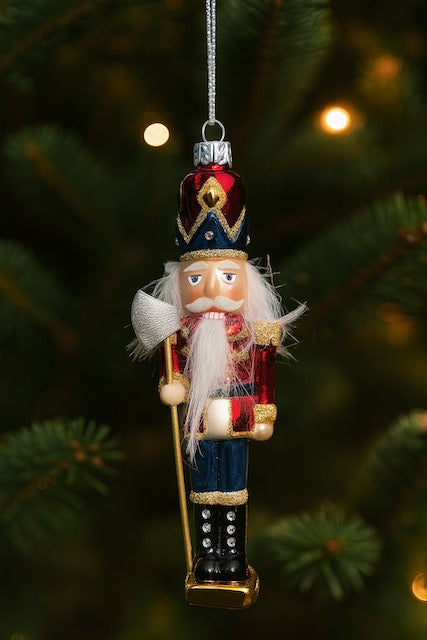 Kurt Adler 6.75" Glass Nutcracker Ornament – Red, Green, or Red/Navy with Axe (Sold Separately)