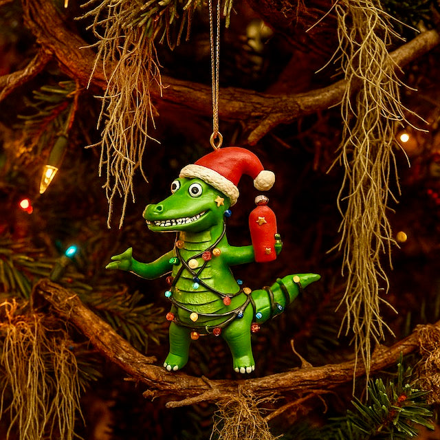 Kurt Adler 3.5" Alligator Christmas Ornament – Santa Hat with Lights or Beach Ball (Sold Separately)