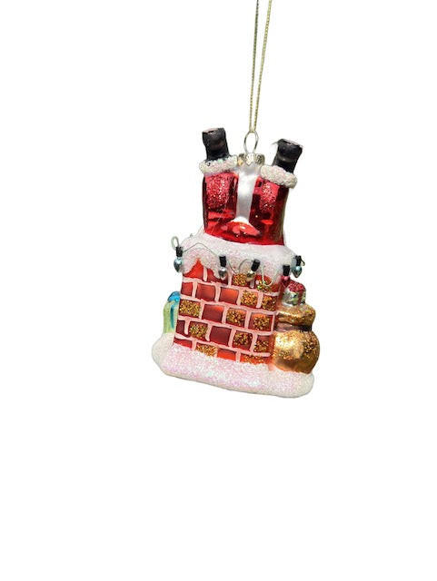 Glass Santa Stuck in Chimney Christmas Ornament with Presents and Lights 98011