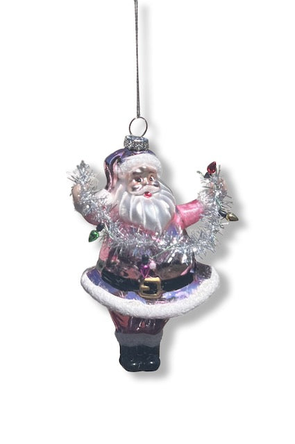 5" Pink Santa Glass Ornament Holding Tinsel and Lights