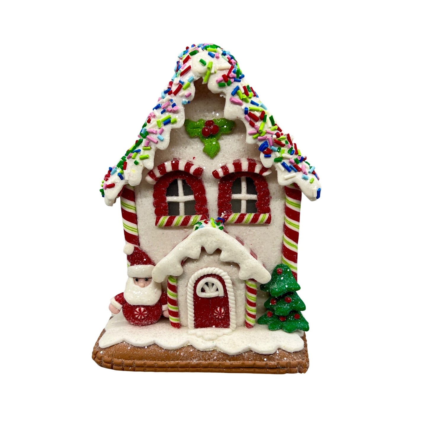 White Gingerbread House Decoration 7" Festive Christmas Decor W/ Santa Tree & Sprinkles