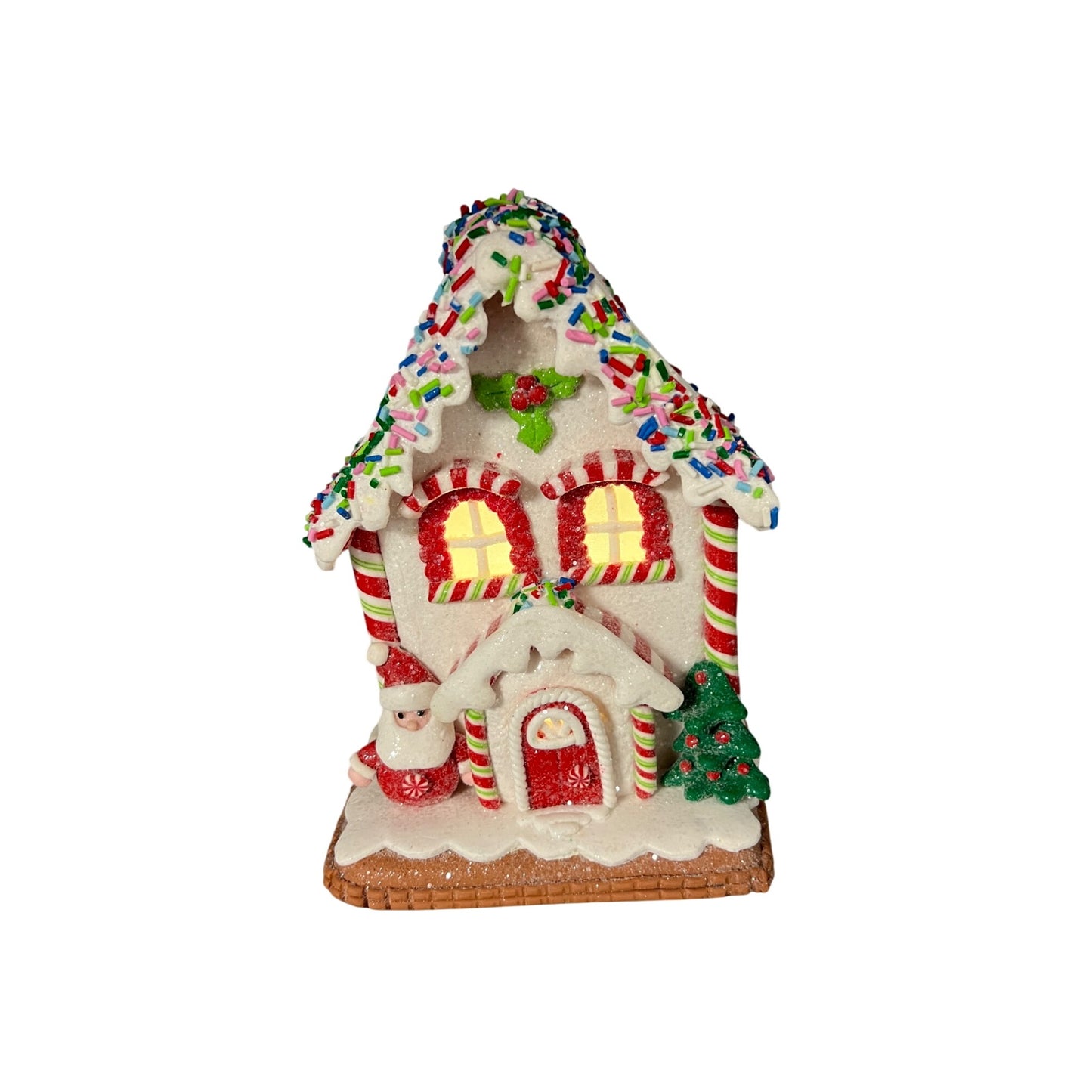 White Gingerbread House Decoration 7" Festive Christmas Decor W/ Santa Tree & Sprinkles