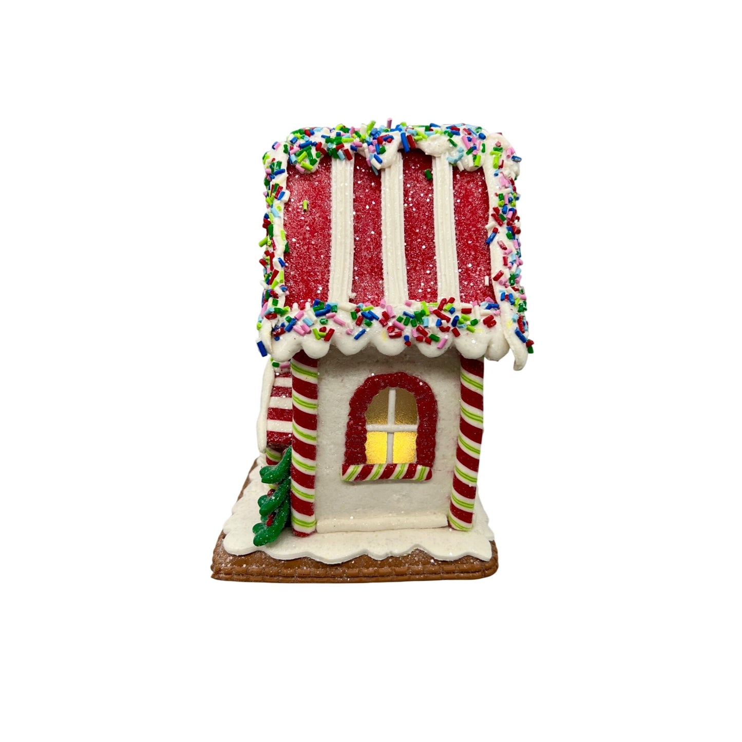 White Gingerbread House Decoration 7" Festive Christmas Decor W/ Santa Tree & Sprinkles