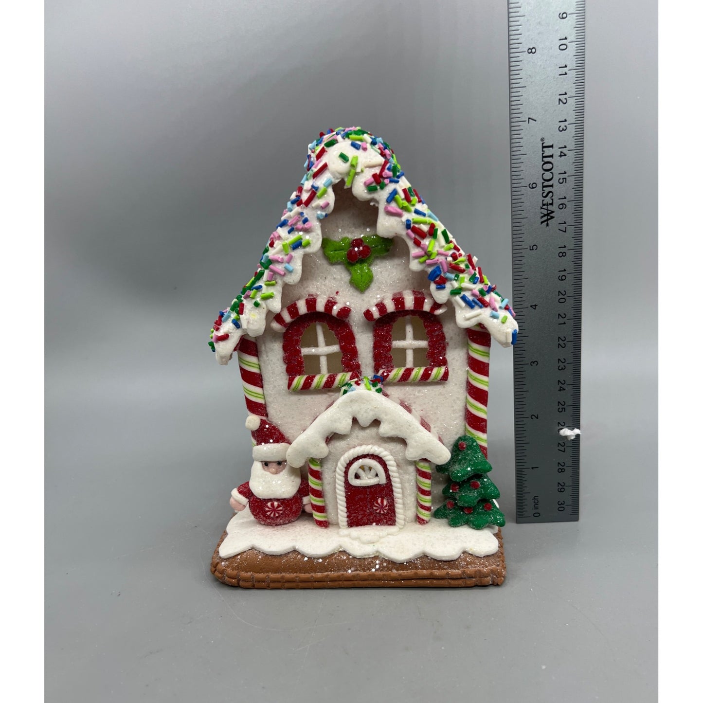White Gingerbread House Decoration 7" Festive Christmas Decor W/ Santa Tree & Sprinkles