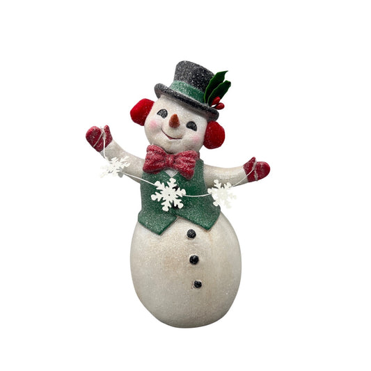 Retro Snowman Figurine 9" With Garland Glitter Accents Red Green White Holiday Decor