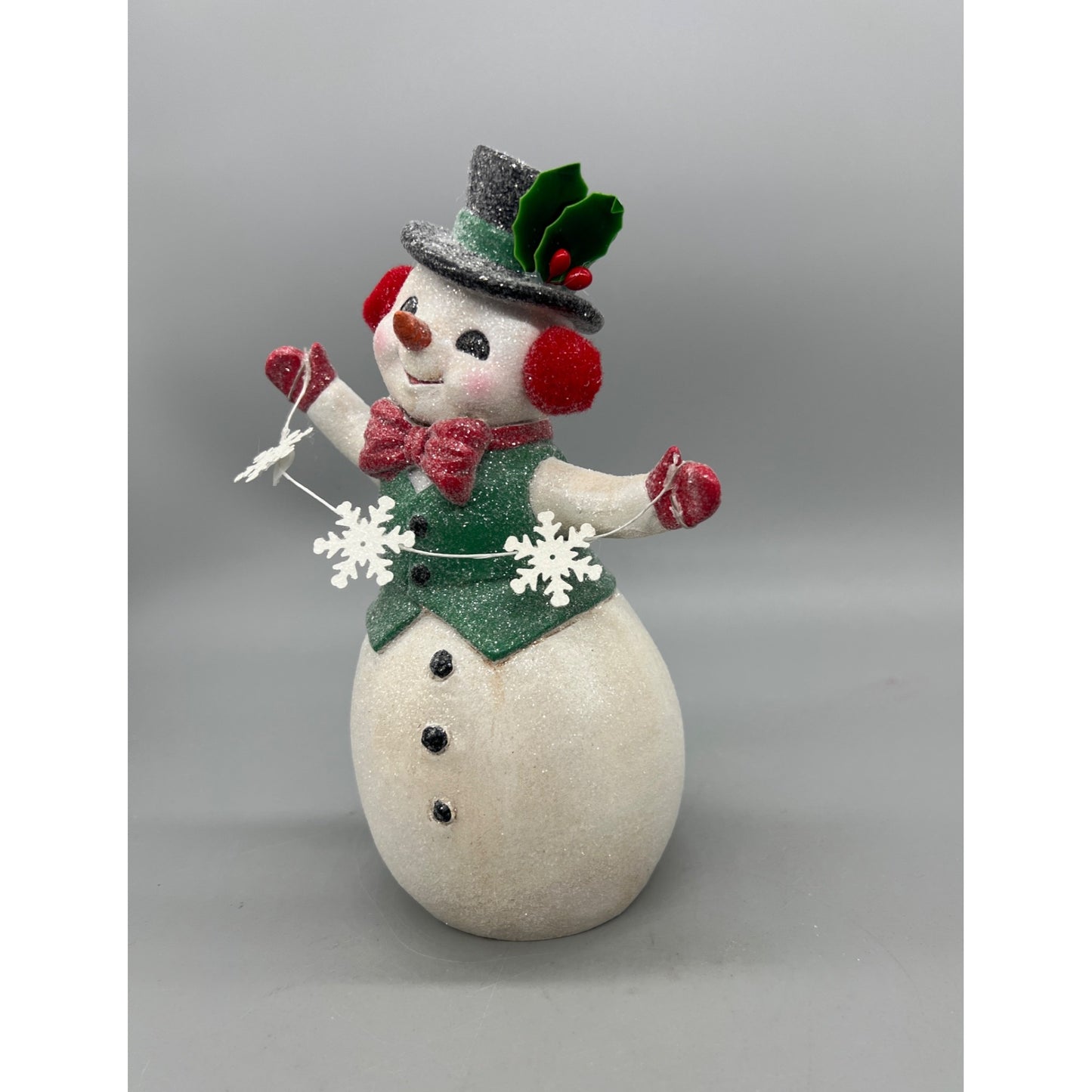 Retro Snowman Figurine 9" With Garland Glitter Accents Red Green White Holiday Decor