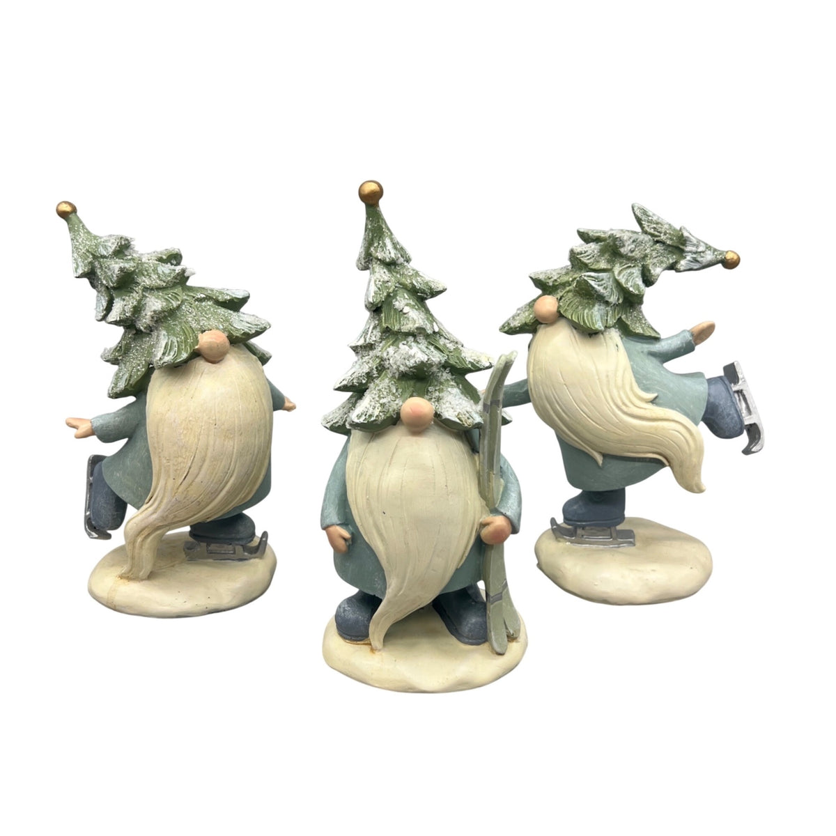 Winter Gnome Figurine Set with Skis & Ice Skaters, Resin Christmas Decor, Snowy Tree Hat Hand Painted Sold Separately