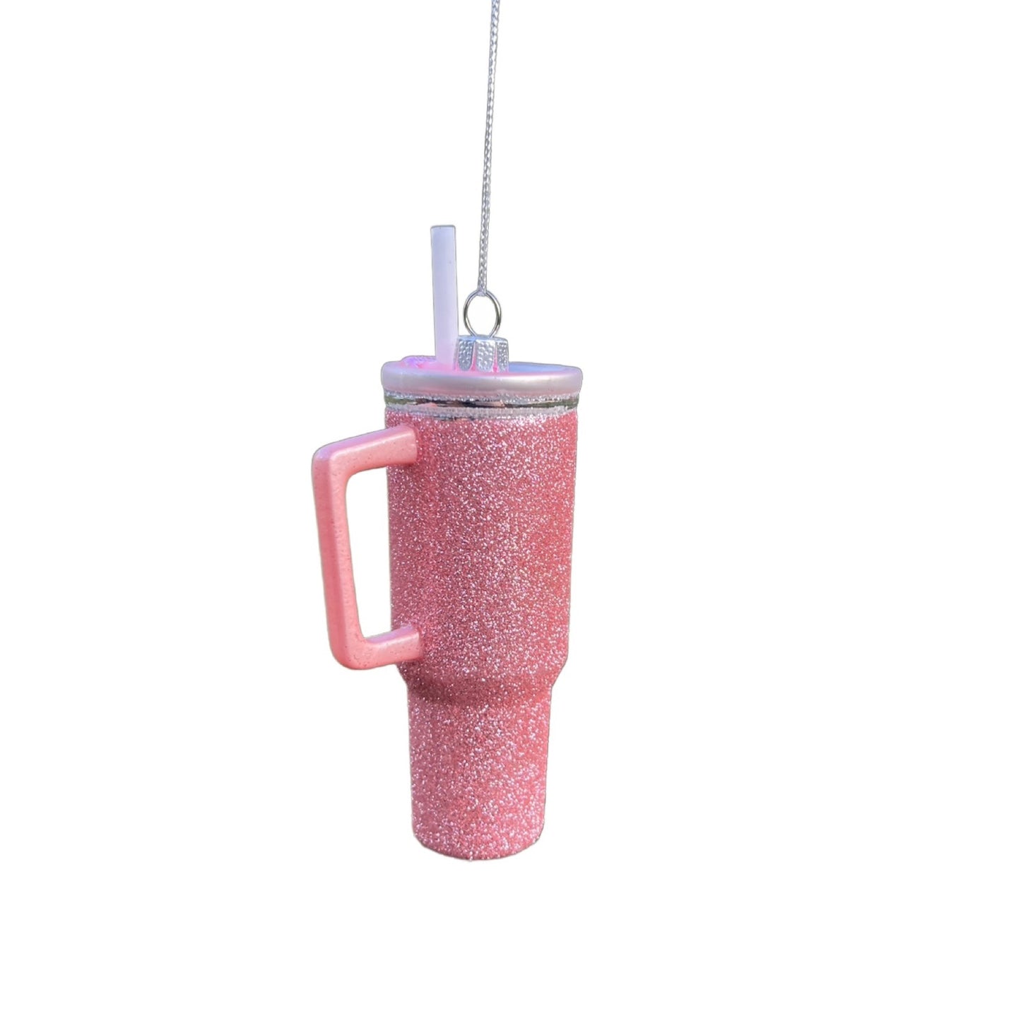 Glittery Blush Pink Travel Mug Ornament With Straw & Lid