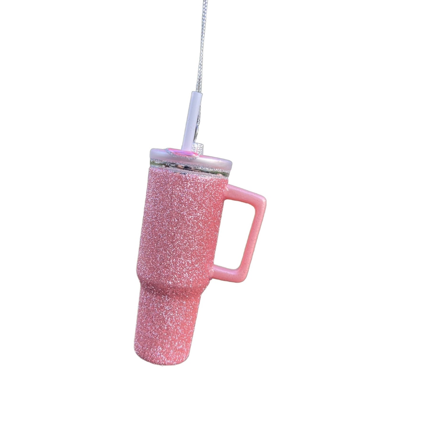 Glittery Blush Pink Travel Mug Ornament With Straw & Lid