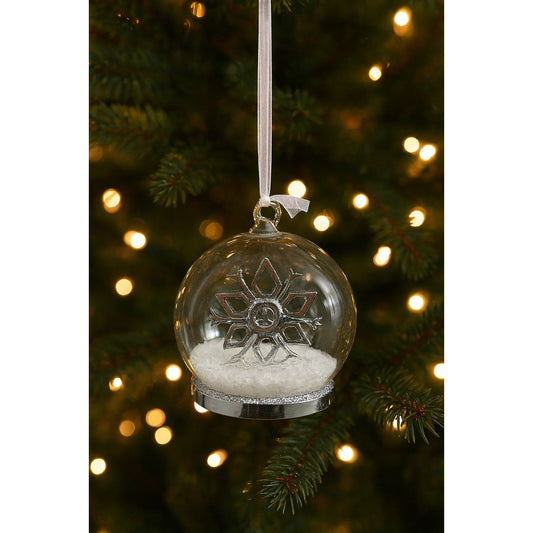 Silver Snowflake Christmas Ornament With Faux Snow & Ribbon Hanger