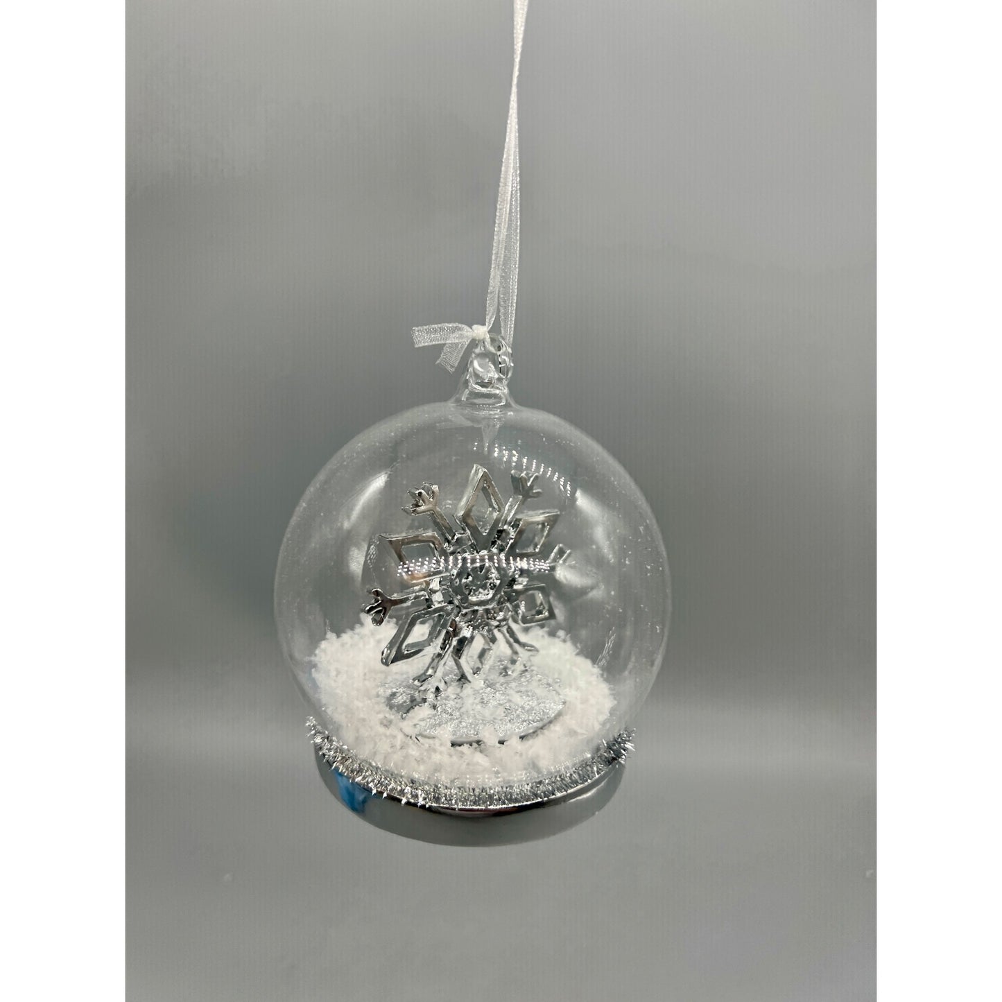 Silver Snowflake Christmas Ornament With Faux Snow & Ribbon Hanger