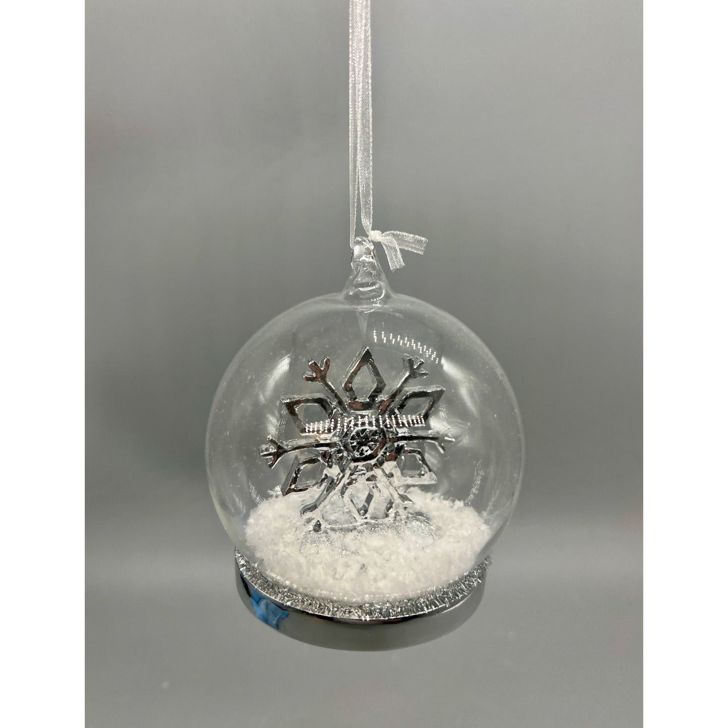 Silver Snowflake Christmas Ornament With Faux Snow & Ribbon Hanger