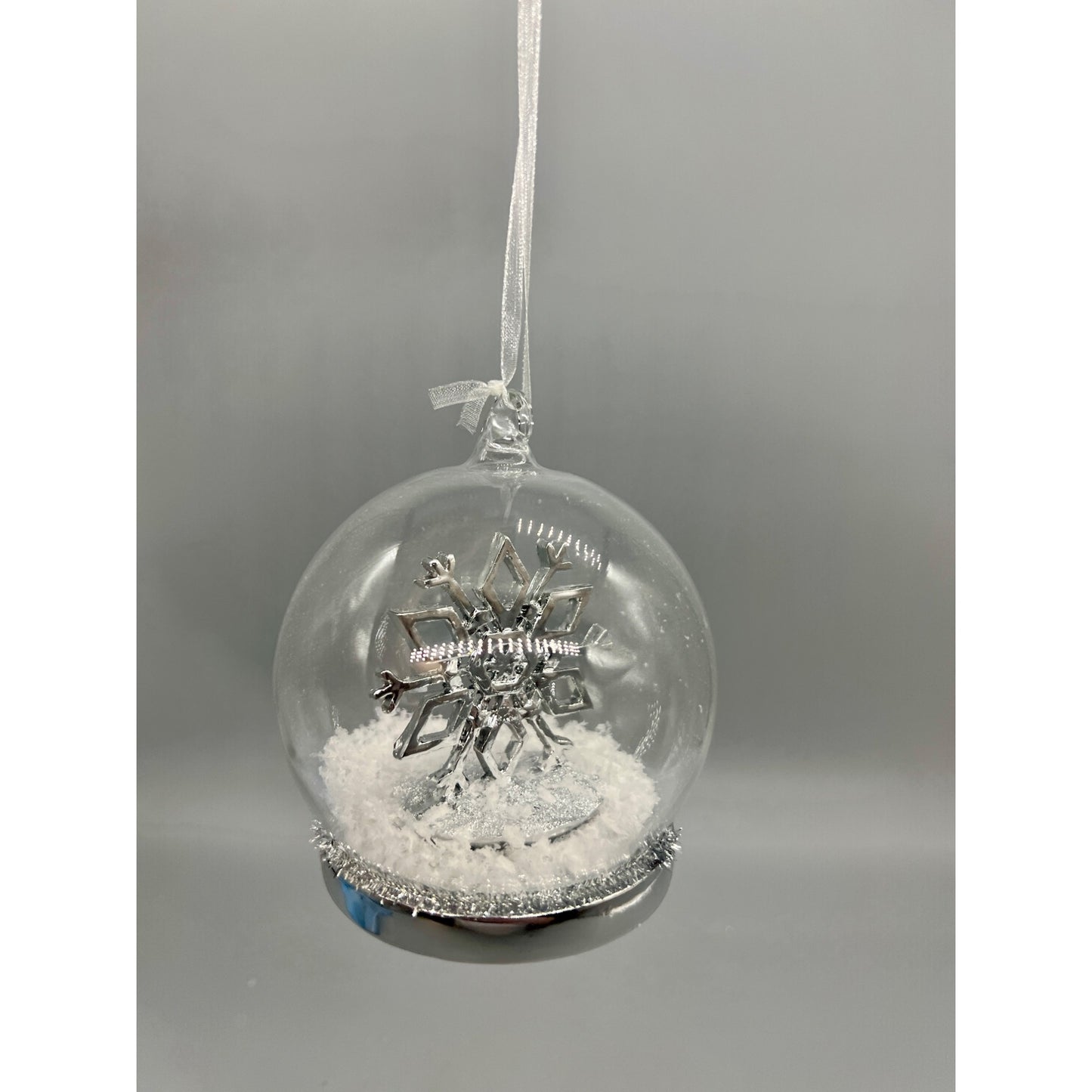Silver Snowflake Christmas Ornament With Faux Snow & Ribbon Hanger