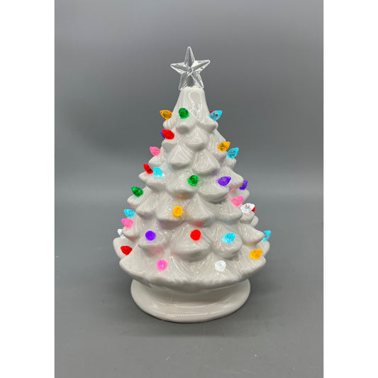 Vintage-Inspired White Ceramic Christmas Tree With Multicolor Lights & Clear Star Top - 8 Inches Tall