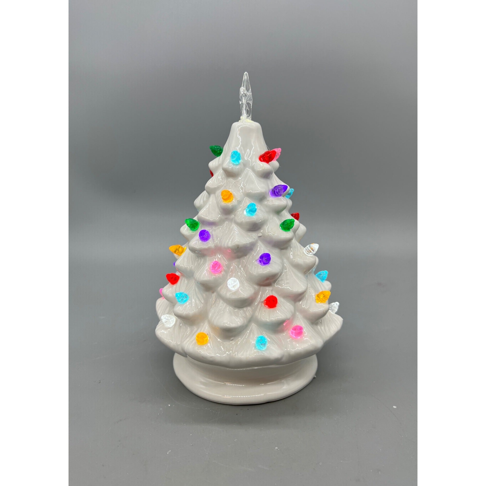 Vintage-Inspired White Ceramic Christmas Tree With Multicolor Lights & Clear Star Top - 8 Inches Tall