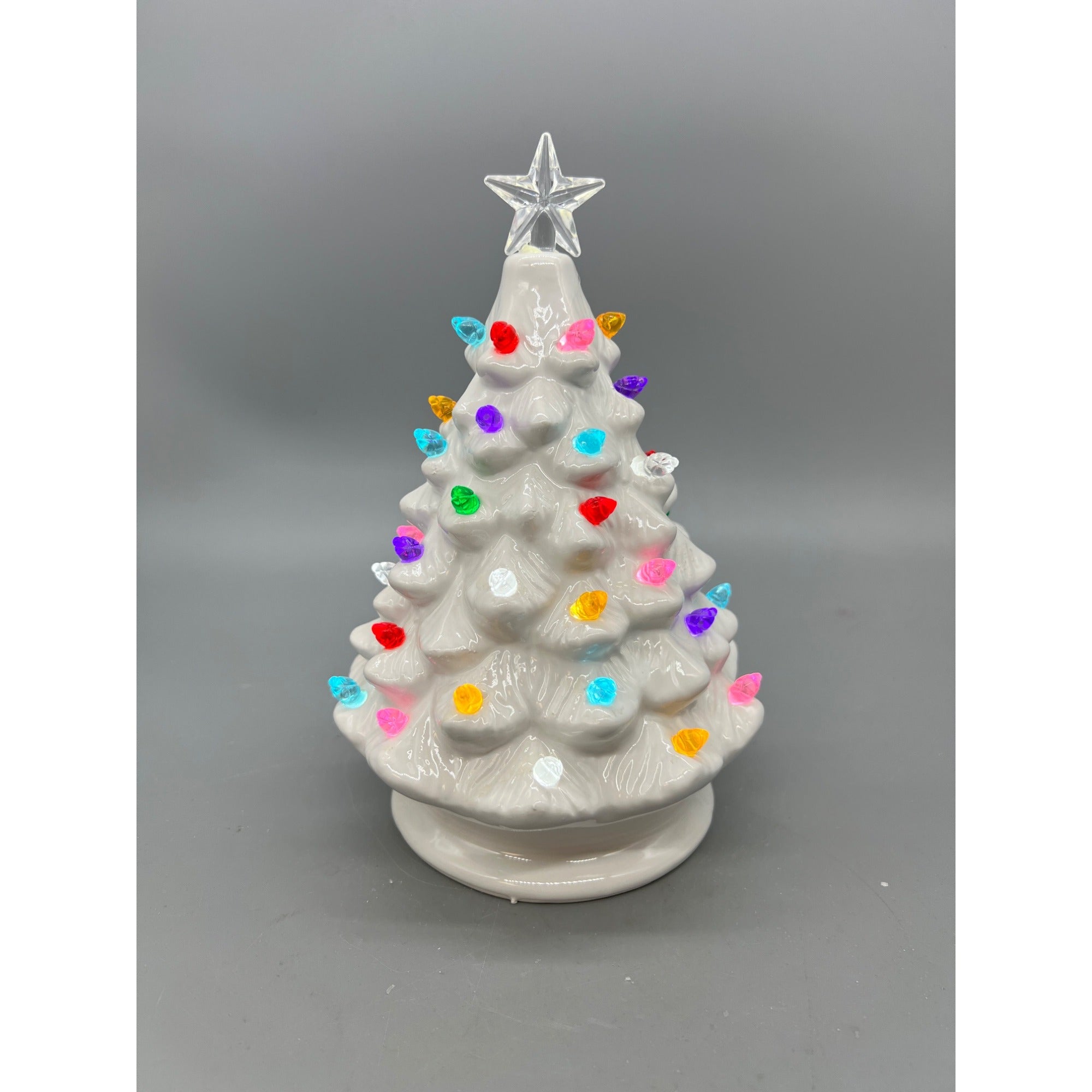 Vintage-Inspired White Ceramic Christmas Tree With Multicolor Lights & Clear Star Top - 8 Inches Tall